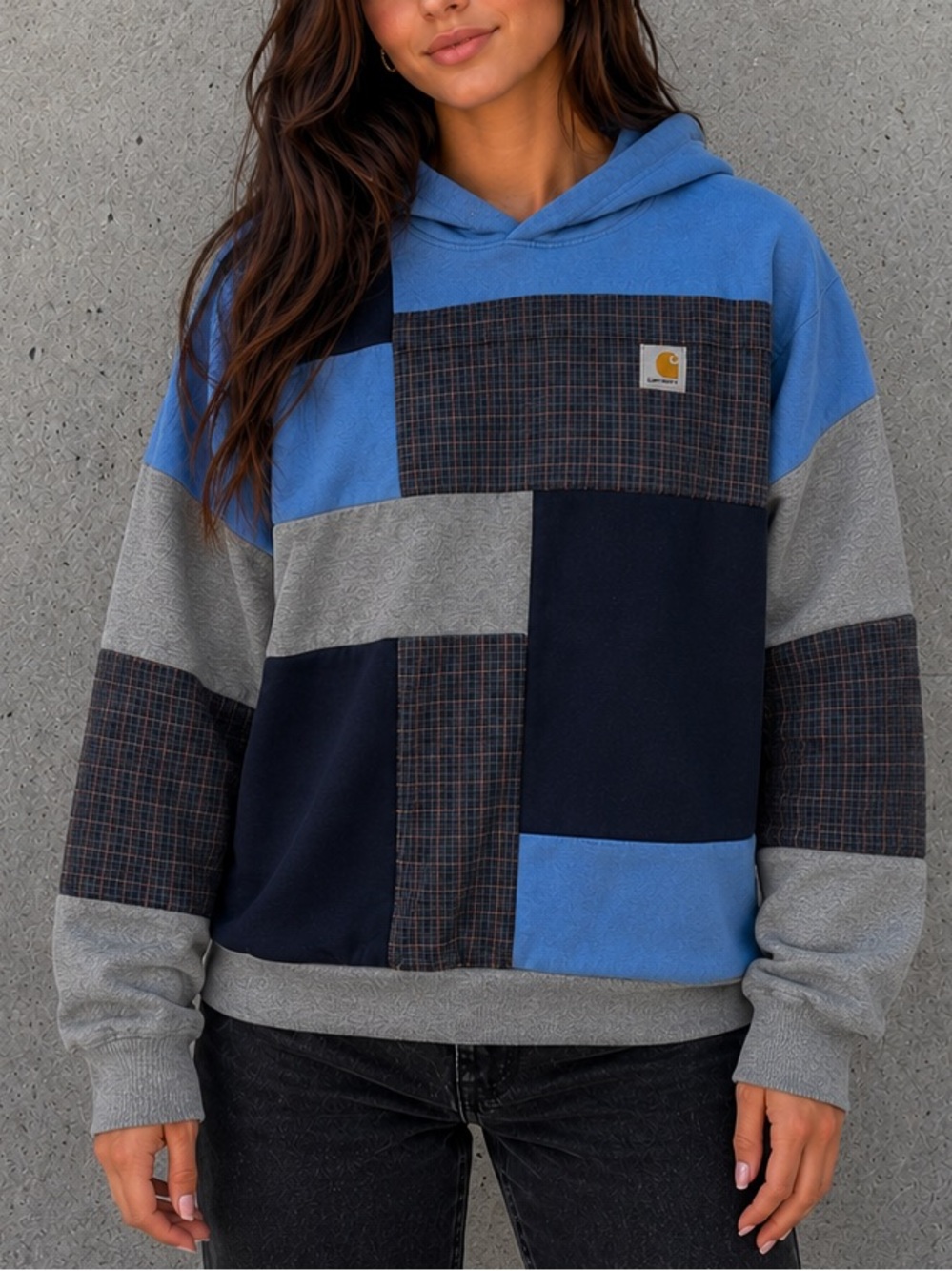 Carhartt Upcycled Handmade Patchwork Fall Flannel Blue Gray Relaxed Baggy Hoodie